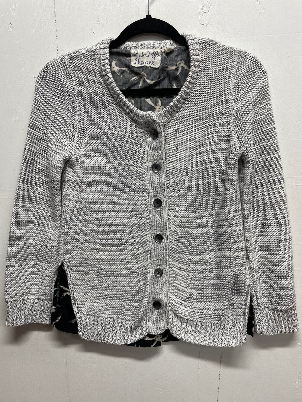 Anthropologie Field Flower Cardigan Sweater Small Button UP Bird Gray White Blac